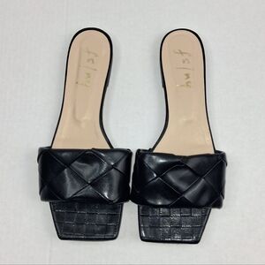 French Sole Jolene Woven Black Leather Square Open Toe Flat Sandals
